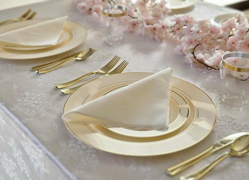 OCCASIONS 120 Piece Heavy Duty Disposable Plastic Plates Set for 60 Guests – 10.5" Dinner & 7.5" Dessert Plates, Premium Party Plates for Wedding, Fancy Events, BPA-Free – Ivory & Gold Rim