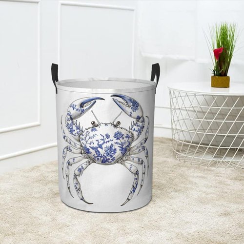 Chinoiserie Crab Laundry Basket Foldable Laundry Hamper with Handles Clothes Storage Bin for Household Bedroom Bathroom Dorms 17.3"x13.6"