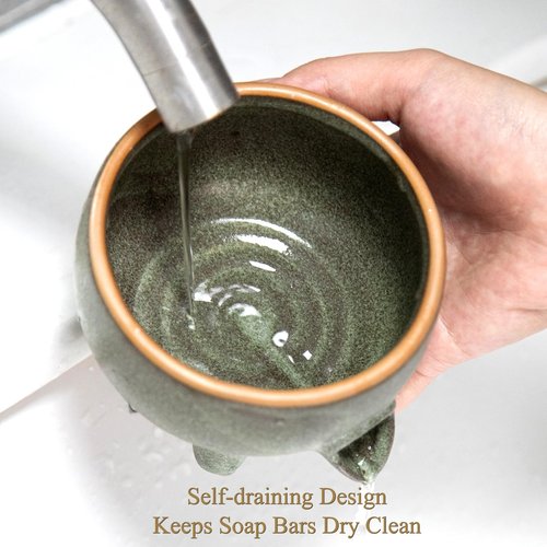 Wowhalolo Soap Dish with Drainage，Ceramic Self Draining bar Soap Holder for Shower，Bathroom，Sink，Kitchen and Countertop，Keeps Bars Dry& Lasts Longer，Avocado Green