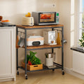 NEHAJUNXI 3 Tier Rolling Kitchen Microwave Cart with 6 Hooks, Utility Cart Storage Table Stand on Lockable Wheels, Small Coffee Shelf Rack Organizer,Brown