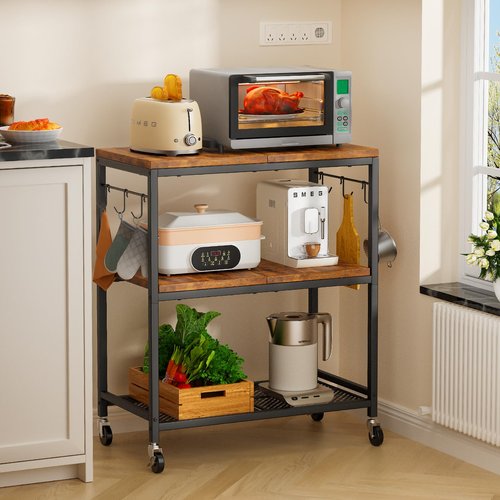 NEHAJUNXI 3 Tier Rolling Kitchen Microwave Cart with 6 Hooks, Utility Cart Storage Table Stand on Lockable Wheels, Small Coffee Shelf Rack Organizer,Brown
