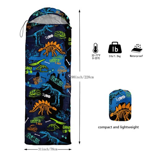 Smell Sunshine Kids Sleeping Bag for Boys Girls,Cartoon Dinosaur Print-Lightweight Warm Portable Outdoor Indoor-Waterproof Cold Weather Resistant Sleeping Bag for Camping Hiking(Dinosaur)