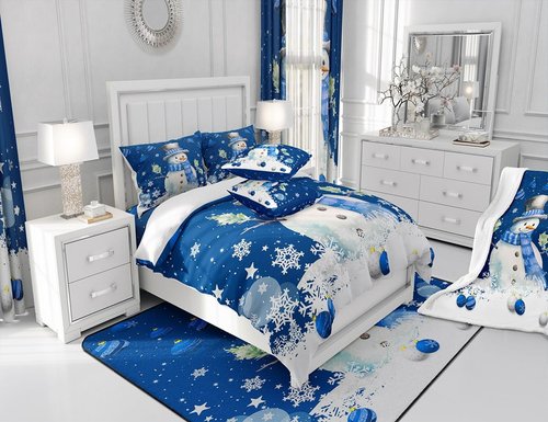 Homewish Cute Snowman Comforter Set Queen Size,Merry Christmas Quilt Set 3Pcs Xmas Bells and Snowflake Bedding Set for Kids Boys Girls Teens Room Decor Cartoon Blue White Duvet Insert,2 Pillowcases