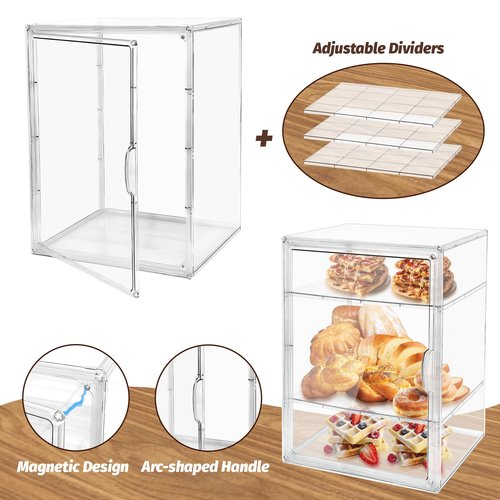 Pastry Display Case,Large Bakery Cookie Display Stand for Kitchen Countertop,4 Layers Adjustable Clear Bread Storage with Magnetic Door Bread Box and Cupcake Kitchen Counter 15.5x11.4x9.8 Inch
