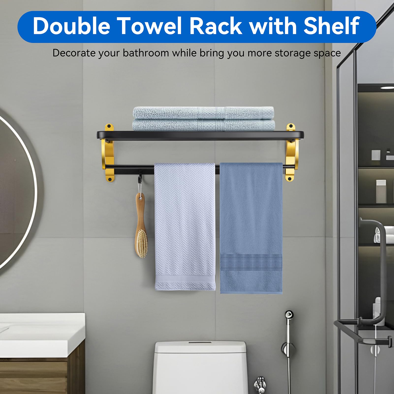 Towel Rack for Bathroom Wall Mounted, 22.8 Inch Foldable Towel Bar，Rustproof Sturdy Bathroom Towel Holder, No Assembly Needed ，Black Gold ﻿