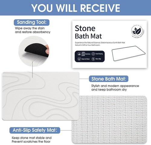 Veeloim Stone Bath Mat Diatomaceous Earth Shower Mat Non-Slip Super Absorbent Diatomite Stone Mats for Bathroom Floor/Kitchen Counter Quick Drying Natural Easy to Clean(23.6''×15.4" White)