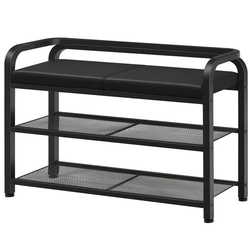 YATINEY Shoe Bench with Backrest, Entryway Bench, 2-Tier Shoe Rack with PU Padded Seat, Upholstered Shoe Storage Bench with Back, for Hallway, Entryway, Foyer, Bedroom, Black HX04BB