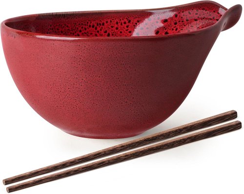 Artena Ramen Bowl Set - 42oz Ceramic Noodle Bowl with Chopsticks | Dishwasher & Microwave Safe, Red Gourd Design