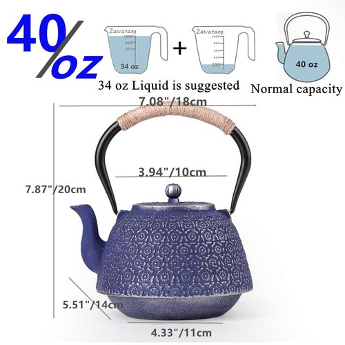 Cast Iron Tea Pot Japanese Tetsubin Tea Kettle with Stainless Steel Infuser,Tong and Iron Trivet Coated with Enamel Interior for Stovetop Safe 40 oz Blue cast iron teapot