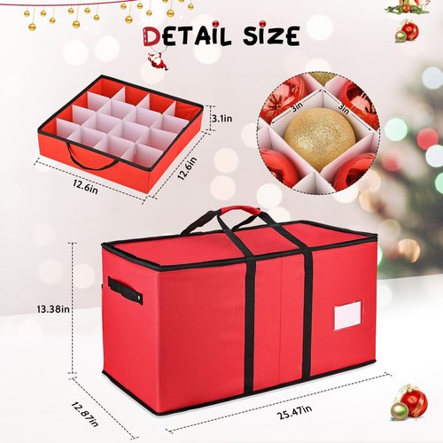Mrrihand Ornament Storage Box - Dual Zipper Container for 128 Holiday Ornaments | 8 Trays, Red