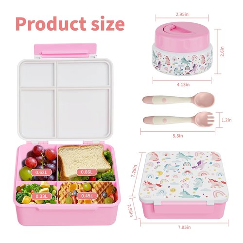 FAJSL Bento Box for Kids with Thermo Food Container (9oz), 4-Compartment Lunch Box, Adjustable Divider, Leakproof Bento Lunch Box, Includes Utensils & Carry Bag for School, Office(White-Horse)