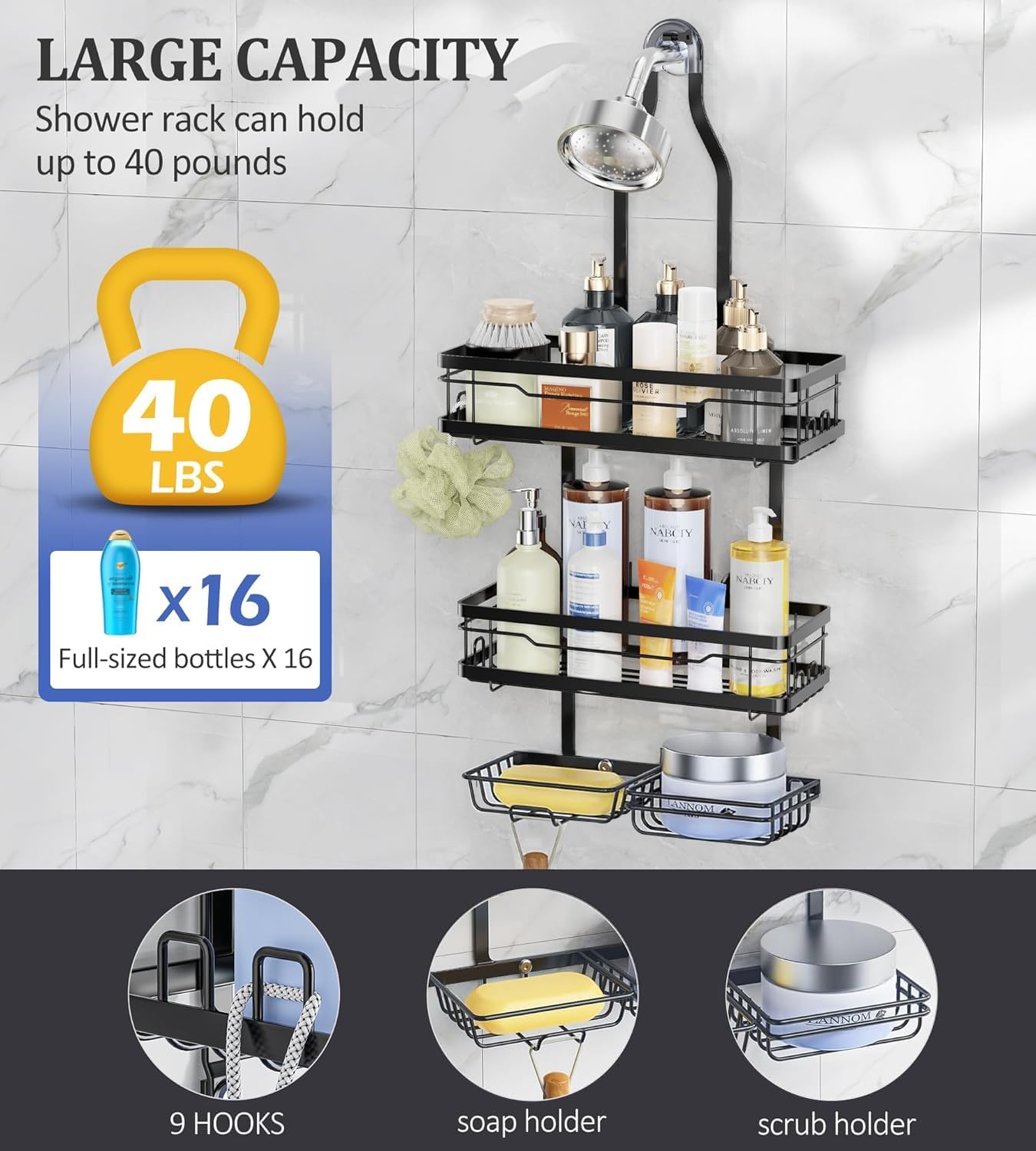 OMAIRA Shower Caddy - Rustproof Overhead Organizer with Soap Holder | Non-Slip Stainless Steel, Black