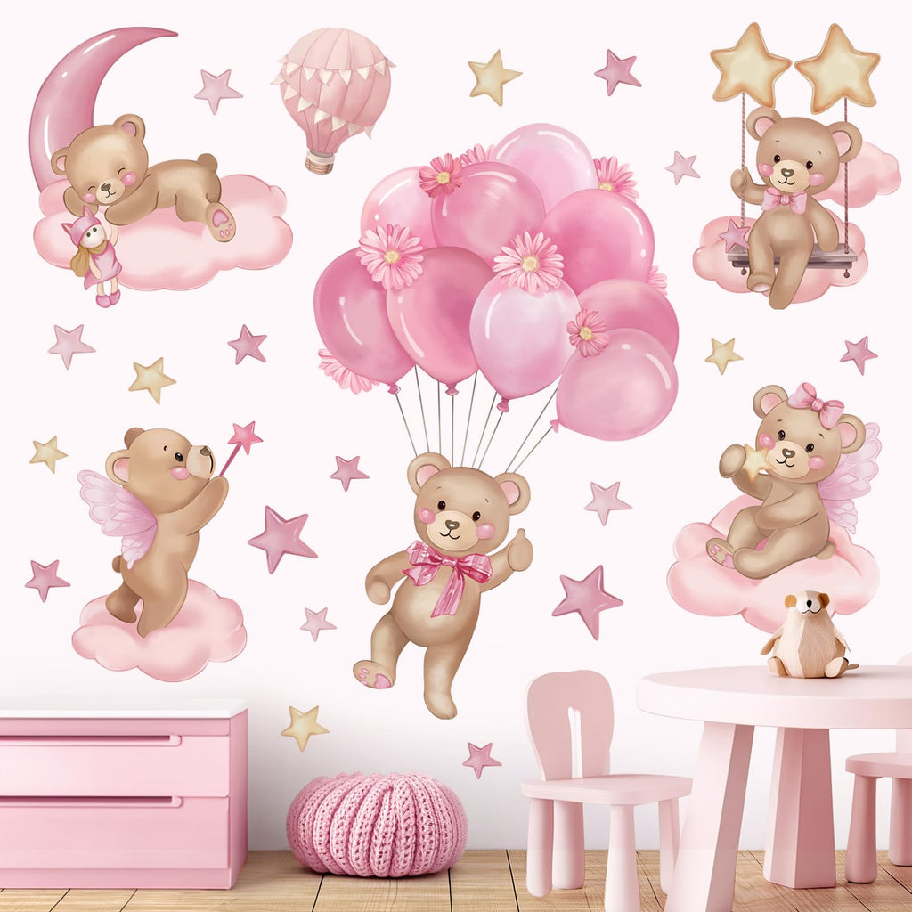 wondever Pink Balloon Bear Wall Stickers Hot Air Balloon Animals Clouds Stars Peel and Stick Wall Art Decals for Baby Nursery Kids Girls Bedroom