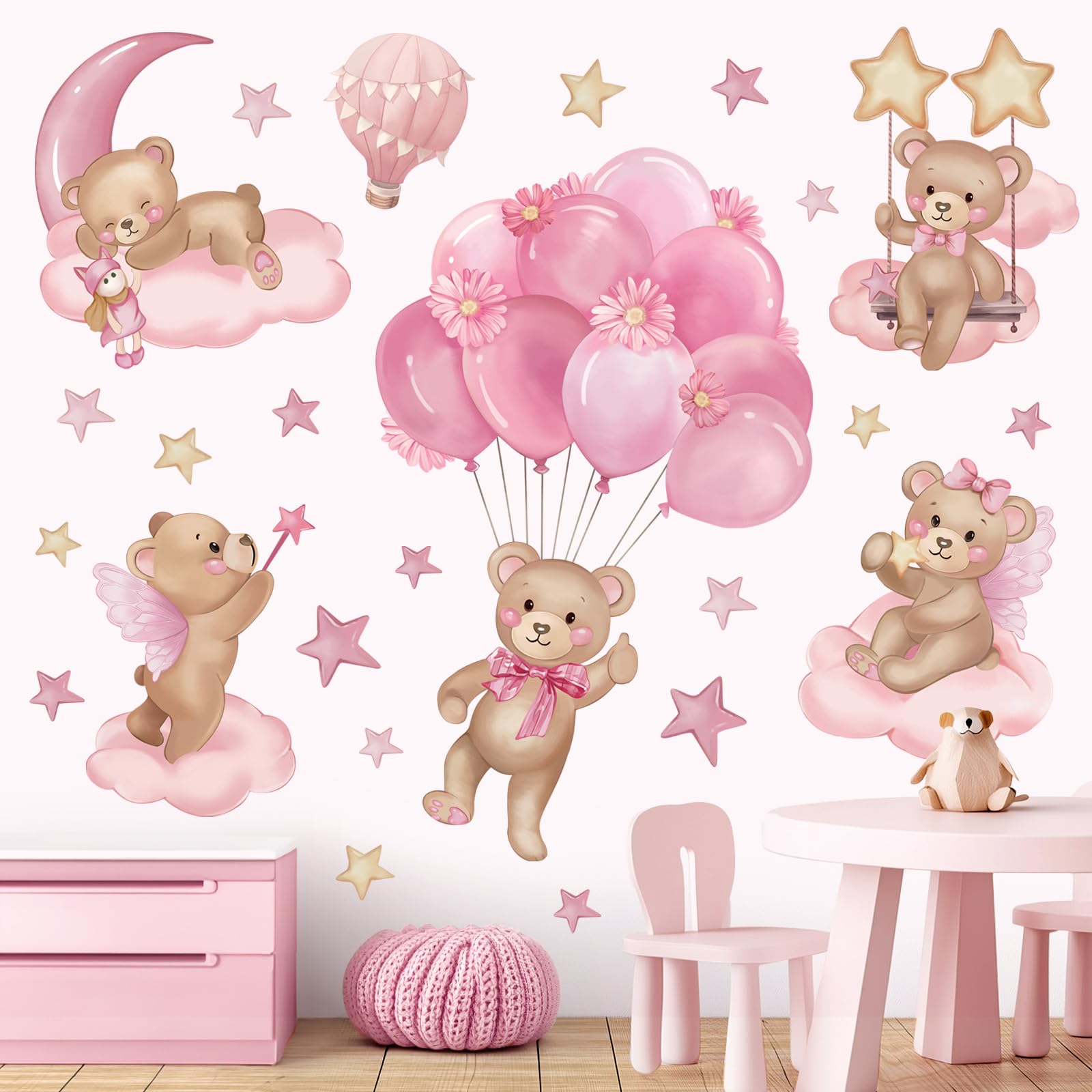 wondever Pink Balloon Bear Wall Stickers Hot Air Balloon Animals Clouds Stars Peel and Stick Wall Art Decals for Baby Nursery Kids Girls Bedroom