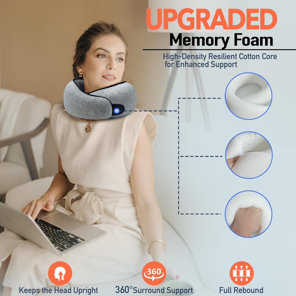 HWGIZP Travel Pillow | High-Density Memory Foam Pillow with 360° Surround Support. Ergonomically Designed. Ideal for Airplane Travel and Home Use. (Light Gray)