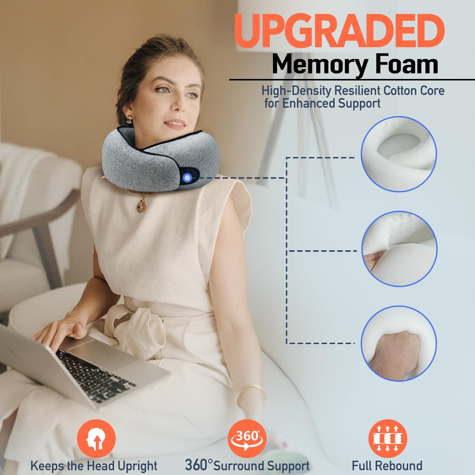 HWGIZP Travel Pillow | High-Density Memory Foam Pillow with 360° Surround Support. Ergonomically Designed. Ideal for Airplane Travel and Home Use. (Light Gray)