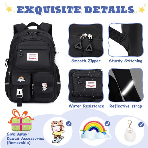 MUSEVOS Girls Backpack for Kids Teenage Elementary Middle High School Backpacks, Lightweight Water Resistant Bookbag Multiple Compartments large Capacity, Black