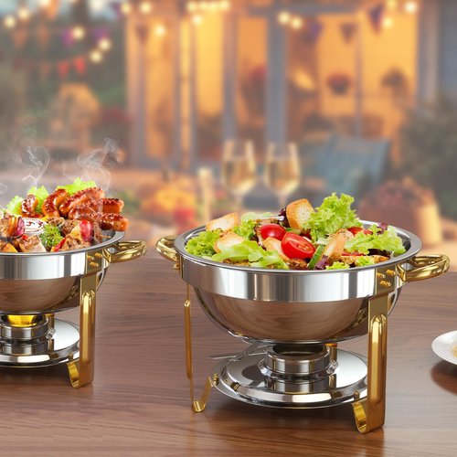 Chafing Dishes for Buffet 2 Pack, 5QT Round Chafing Dish Buffet Set [Elegant Gold and Silver Colors] Stainless Steel Buffet Food Warmers Sets for Catering Events Parties Dinners with Complete Set
