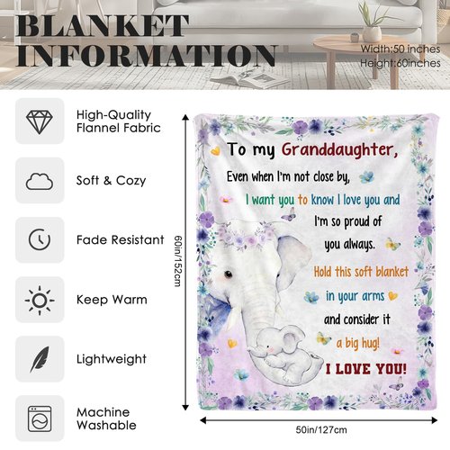 Granddaughter Gifts from Grandma, to My Granddaughter Gifts from Grandma Throw Blankets, Soft Flannel Blanket, Granddaughters Gift for Birthday Christmas, Grandchild Blanket, 60” x 50”