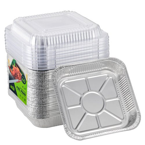 Jazb 8x8 Square 40PCS Aluminum Foil Pans with Clear Plastic Lids - Foil Pans with Lids - Disposable Baking Pans for Storing, Prepping Food, Cooking