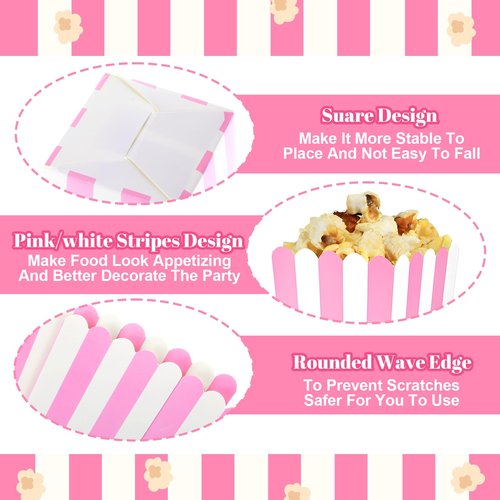 Ouligay 20 Pcs Pink Popcorn Boxes Mini Popcorn Bags for Party Small Puffed Rice Bowl Buckets Pink and White Striped Bags Paper Puffed Rice Container for Birthday Party Favor Movie Night Supplies