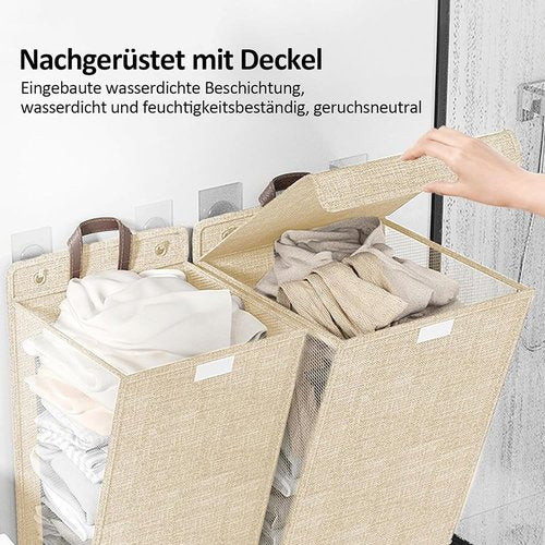 Foldable Laundry Basket with Lid with Handles, Foldable, Hanging Laundry Basket, Laundry Organiser, Mesh Design on Both Sides, Breathable Laundry Organiser (Beige)
