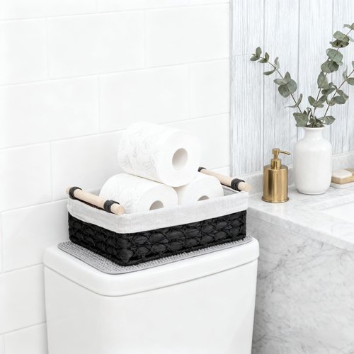 Baskets for Organizing, Set of 2 Black Paper Rope Bathroom Countertop Baskets with Liner, Woven Basket Organizer with Wooden Handles for Vanity, Counter, Shelf Storage