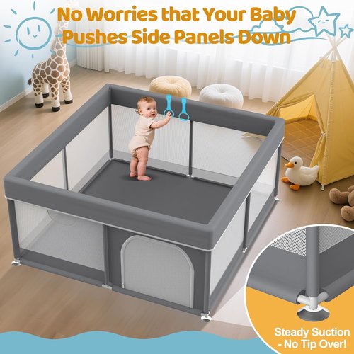 Grey Baby Playpen - Full Cover Anti-Collision Cloth Playard | 64"x64" Modern Safety Center for Infants