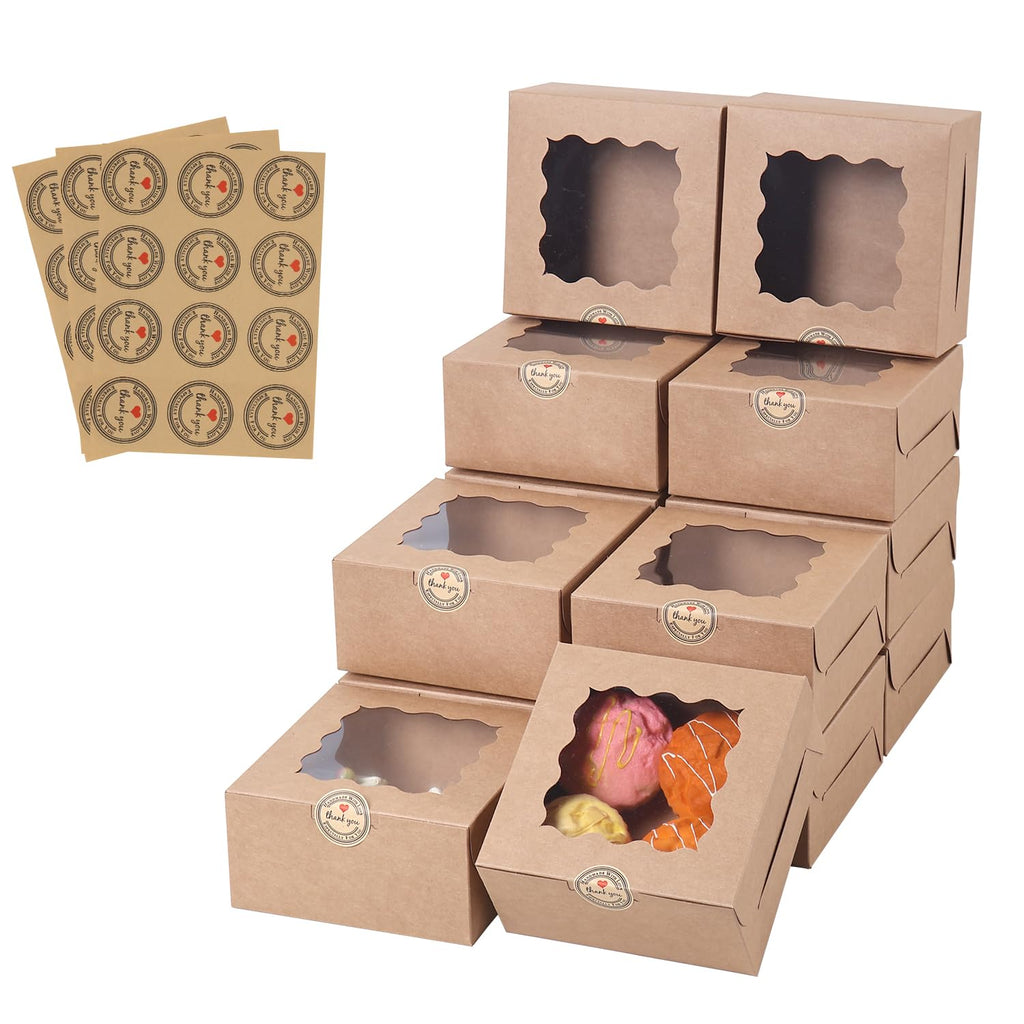PFAMKEER 100 pcs 6x6x3 Inches Small Cake Box with Window, Bakery Pastry Cookie Boxes, Mini Pie container for Pastry,Dessert,Strawberries,Chocolates, Cupcakes with paper stickers (Brown)
