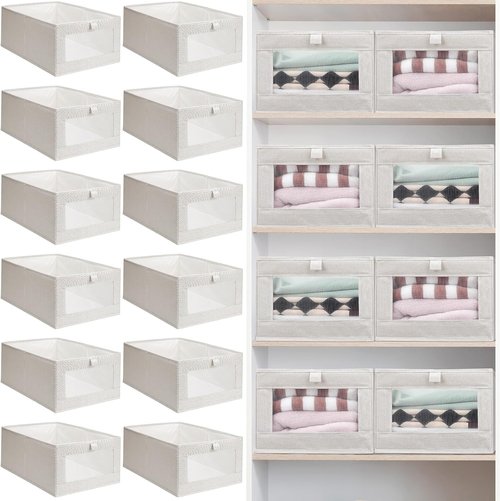 Kigley 12 Pcs Linen Closet Organizers - Foldable Clothing Bins with Window for Easy Storage | Beige