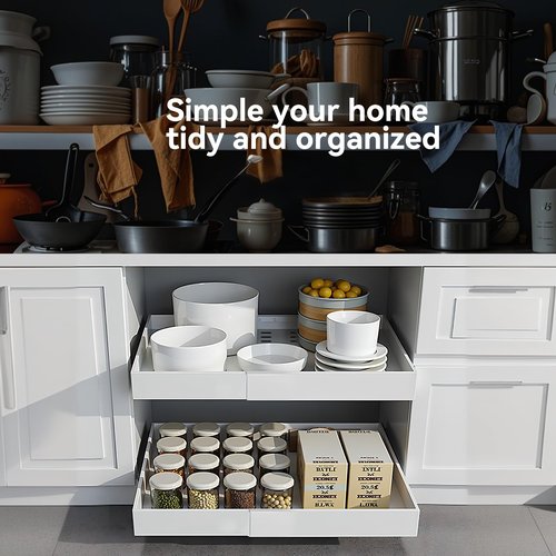 2 Pack 21'' Deep Pull Out Cabinet Organizer Expandable Width (12.6'' to 21'') Slide Out Drawers Pull Out Drawers Fixed with Adhesive Nano Film or Nail for Kitchen Bathroom Organization, White