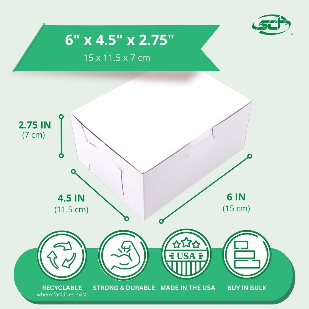Southern Champion Tray 0903 Premium Clay Coated Kraft Paperboard White Non-Window Lock Corner Bakery Box, 6" Length x 4-1/2" Width x 2-3/4" Height (Case of 250)