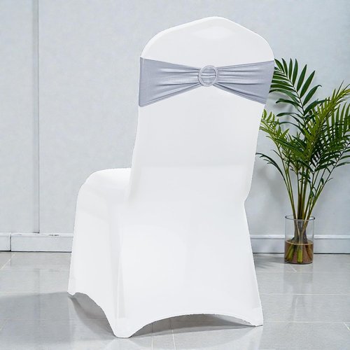 MDS Spandex Foil Chair Sashes - Universal Fit Elastic Stretch Bands with Buckle | Metallic Silver, Pack of 75