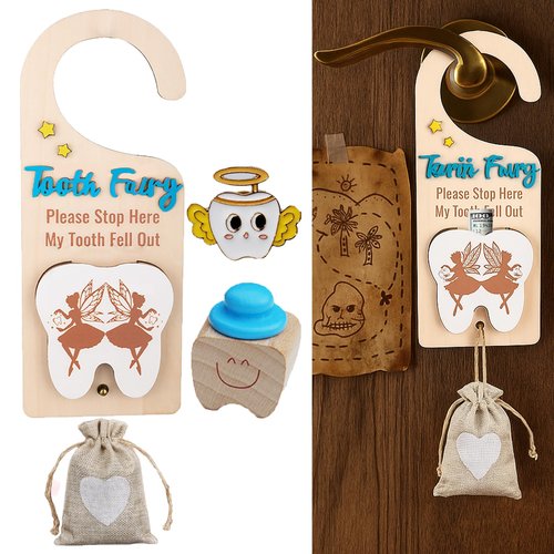 Chakralux 4Pcs Tooth Fairy Door Holder - Wooden Door Hanger Gift Set with Keepsake Box and Bag & Reward Badge, Gifts and Bedroom Decorations Suitable for Lost Teeth Girls and Boys