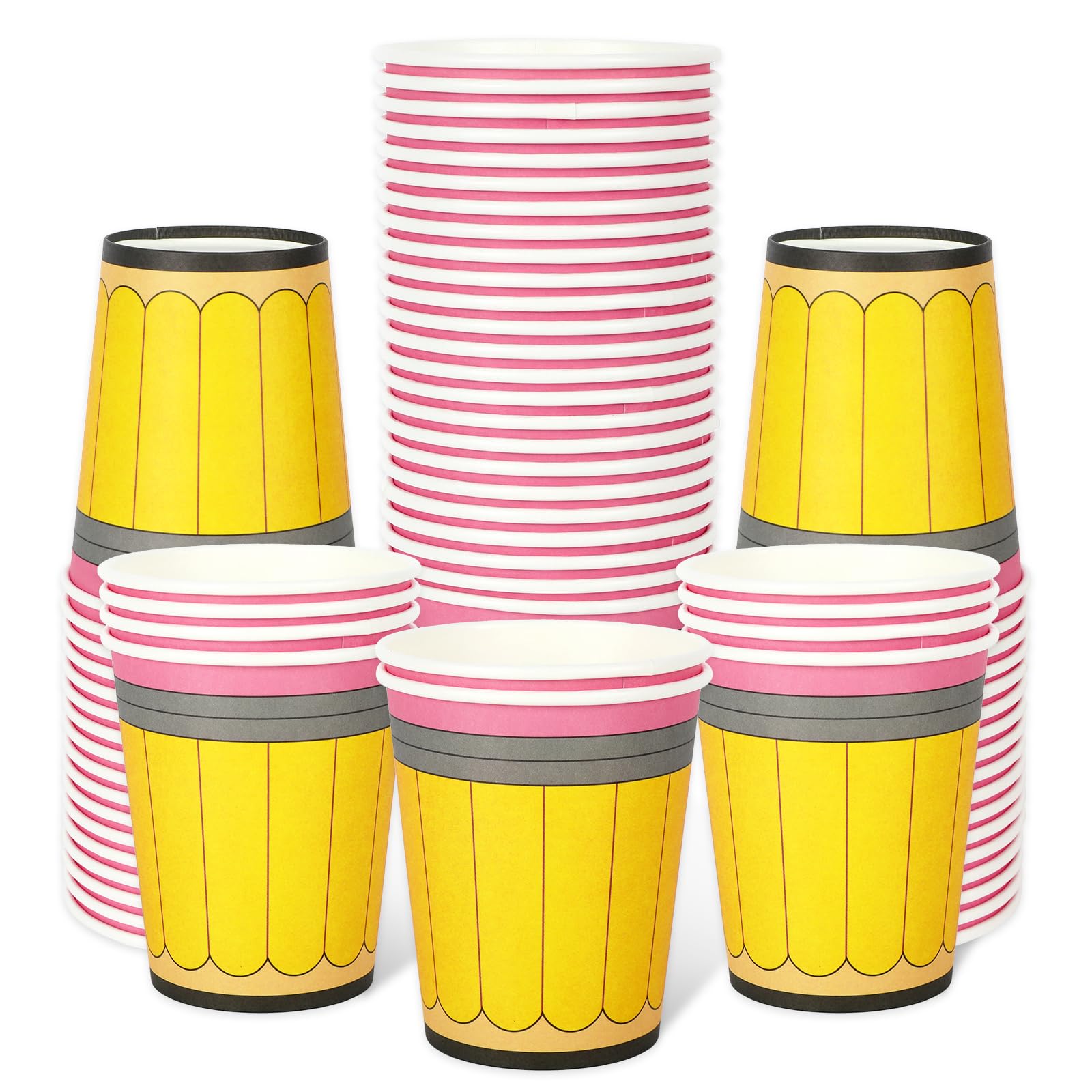 Whaline 50Pcs Back to School Paper Cups 9 Oz Yellow Pencil Design Disposable Cups for Coffee Tea Snacks Classroom First Day of School Party Supplies