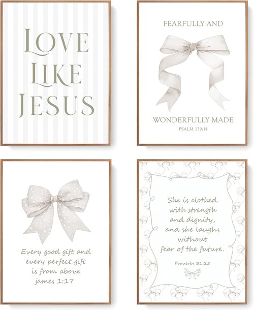 LARTSFRO Coquette Beige Bow Wall Art Decor - Inspirational Christian Posters Set of 4 | 12x16 Inch Unframed