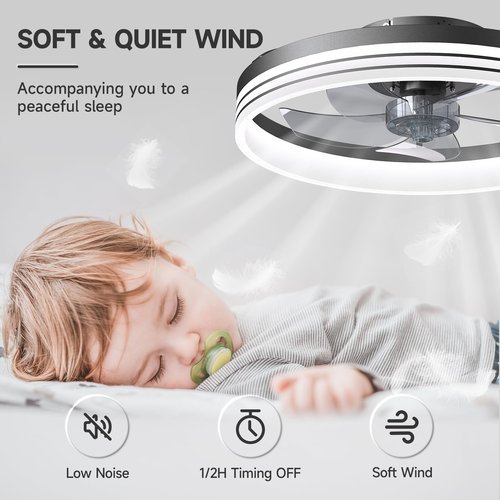 VOLISUN Low Profile Ceiling Fans with Lights and Remote, 19.7in Flush Mount Ceiling Fan with Light, 3000K-6500K Dimmable Fandelier LED Fan Light, Black Bladeless Ceiling Fans with Lights for Bedroom