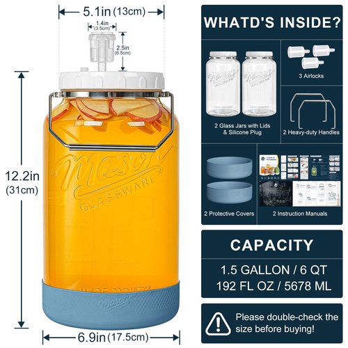 Dwbligt 2 Pack 1.5 Gallon Large Fermentation Jars with Airtight Lids & Airlocks, Wide Mouth Glass Mason Jar for Mead Making, Brewing - 100% Leak-proof Pickle jars Kimchi Container with Handles & Bases