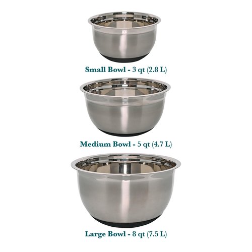 Chicago Metallic Stainless Steel Soft Base Bowls, Versatile Nesting Mixing Bowls for Every Kitchen Task, Set of 3