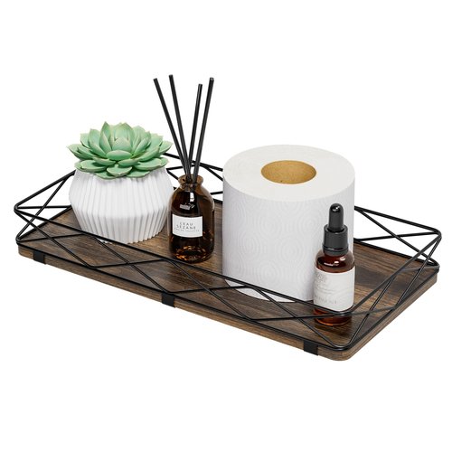 Lixple Toilet Paper Basket Holder, 13" Bathroom Tray Countertop, Wood and Metal Toilet Tank Tray Bathroom Vanity Organizer for Toiletry, Kitchen Sink Organizer for Soap Dispenser (Brown+Black)