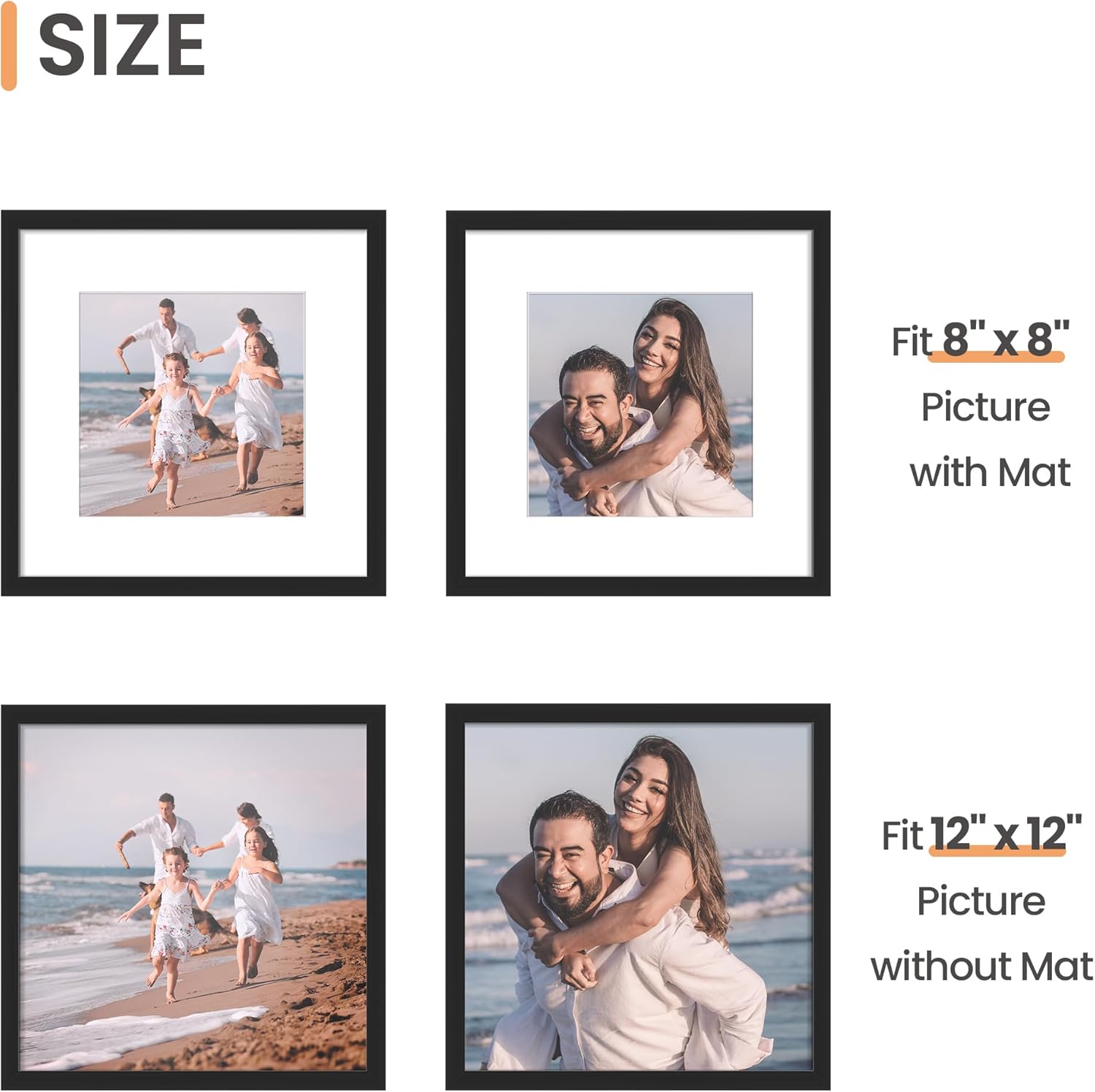 Upsimples 12x12 Picture Frame - Versatile Display for 8x8 Photos with Mat or 12x12 Without Mat, Black