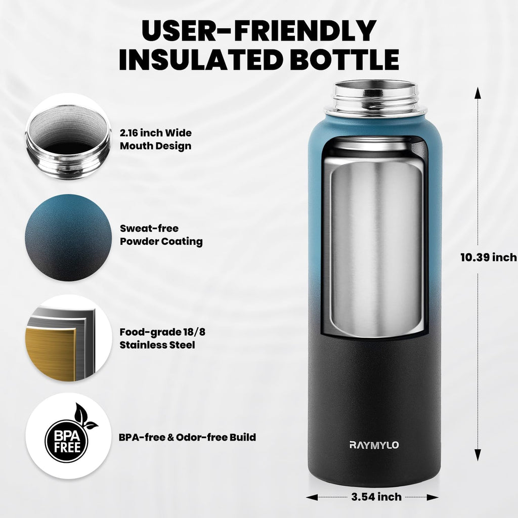 Skiennix Insulated Water Bottle - 40 oz Triple Wall Vacuum Stainless Steel | Cold for 48 Hrs, Leak Proof, Indigo/Black