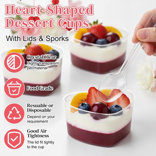 Potchen 24 Pack Heart Shaped Dessert Cups with Lids and Spoons 4 oz Mini Plastic Dessert Container Appetizer Parfait Cups Clear Shooter Container for Valentine Wedding Serving Party