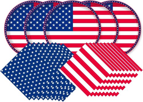Gatherfun American Flag Party Supplies - Disposable Napkins & Plates for 4th of July | Serves 50