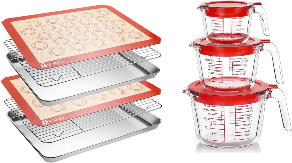 Skiennix Stainless Steel Baking Sheet Tray Set - 6 Pcs Cooling Rack & Silicone Mat with 6 Glass Measuring Cups