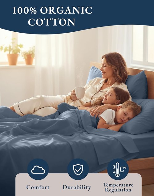 **LANE LINEN 100% Organic Cotton King Size Sheets - Soft Percale, Breathable Luxury, 15" Deep Pocket - Estate Blue**