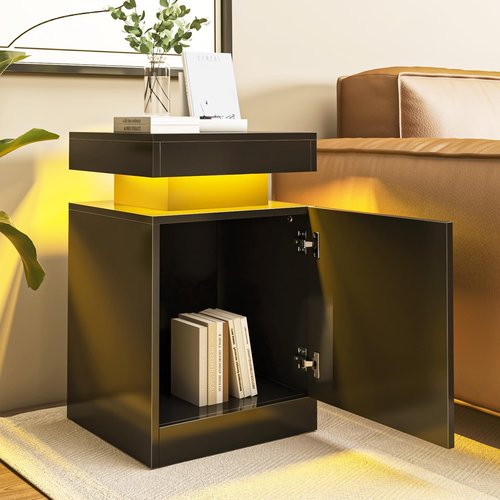 OneBlis Nightstands Set 2, 15 Inches LED Night Stand Set of 2, Modern Bedside Table with LED Lights, High Gloss Surface, End Table with Storage for Bedroom, Black