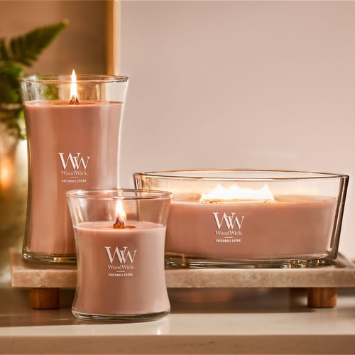 WoodWick Patchouli Crème Gifts for Women and Men, 9.7 oz Medium Hourglass Candle with Crackling Wick