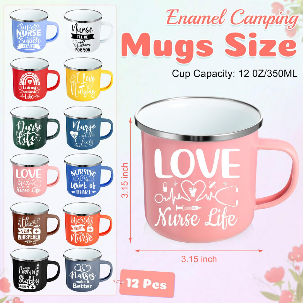Sieral 12 Pcs Nurse Week Gifts 12 oz Nurses Mug Bulk 2026 Coffee Enamel Cups Set with Handles Motivational Tumbler for Women Doctor Student Graduation School Thank You Presents(Novel)