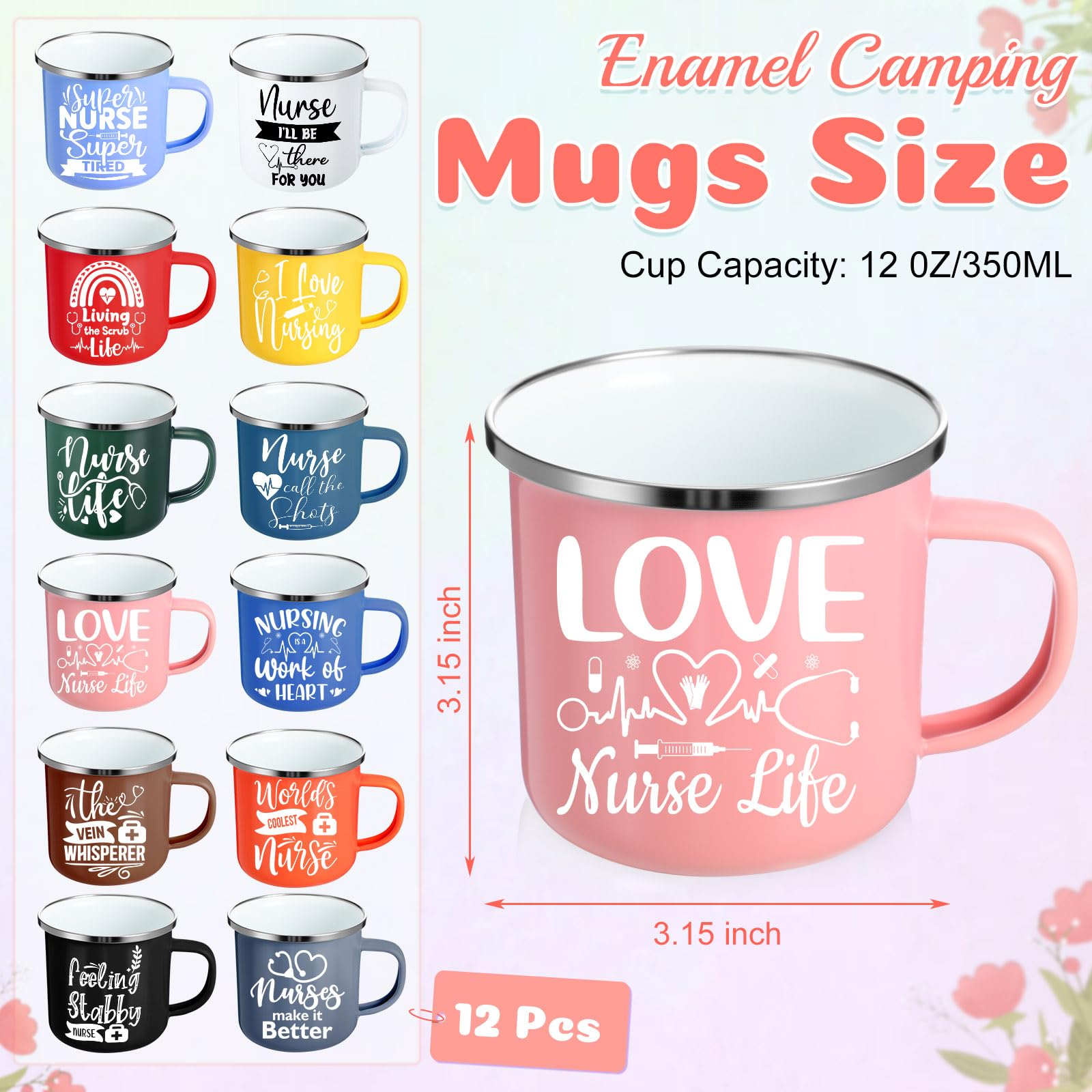 Sieral 12 Pcs Nurse Week Gifts 12 oz Nurses Mug Bulk 2026 Coffee Enamel Cups Set with Handles Motivational Tumbler for Women Doctor Student Graduation School Thank You Presents(Novel)